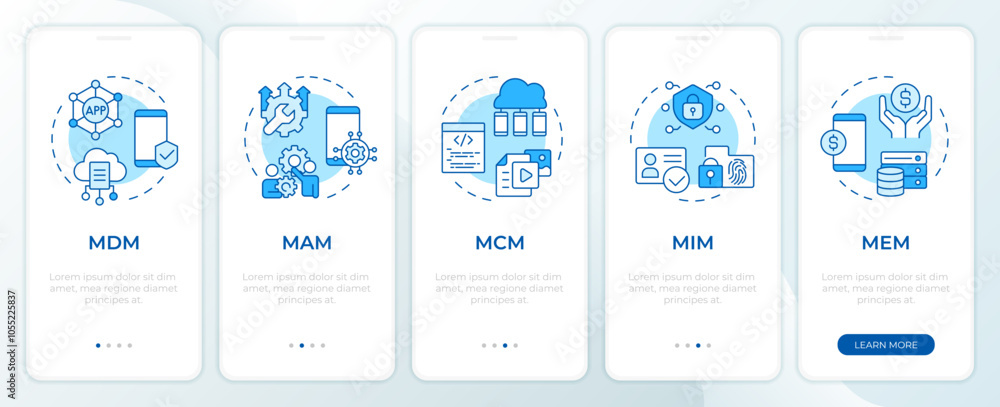 Poster mobile management platforms blue onboarding mobile app screen. walkthrough 5 steps editable graphic 