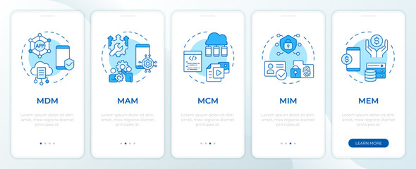 Mobile management platforms blue onboarding mobile app screen. Walkthrough 5 steps editable graphic instructions with linear concepts. UI, UX, GUI template. Montserrat SemiBold, Regular fonts used
