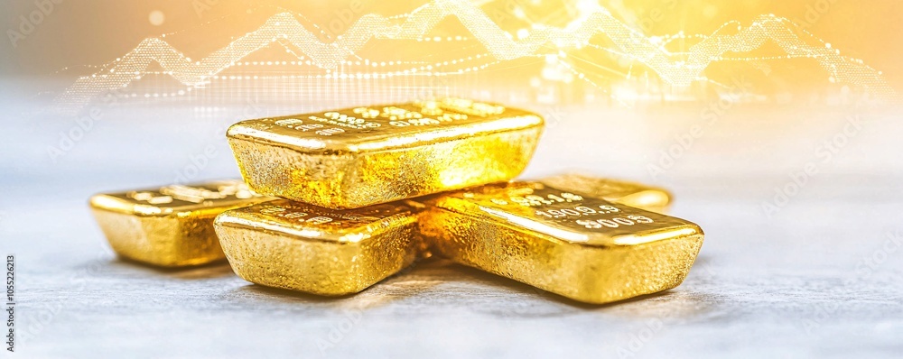 Poster a stack of gold bars on a neutral background with a digital inflation graph fading into the backdrop