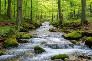 Obraz premium Serene River Flowing Through a Lush Forest