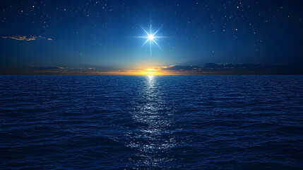 Celestial beacon, a lone radiant star illuminates the deep blue dusk sky above a calm ocean   -