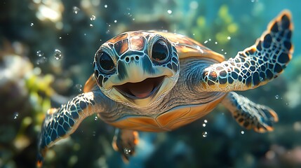Fototapeta premium A smiling sea turtle swims through clear blue water, surrounded by bubbles.
