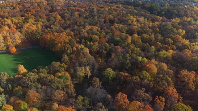 Drone footage of colorful dense trees near Darius and Girenas stadium in Kaunas, Lithuania