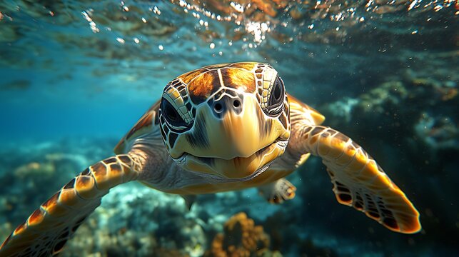 A close-up of a sea turtle swimming in clear blue water, looking directly at the camera with its head above the surface.