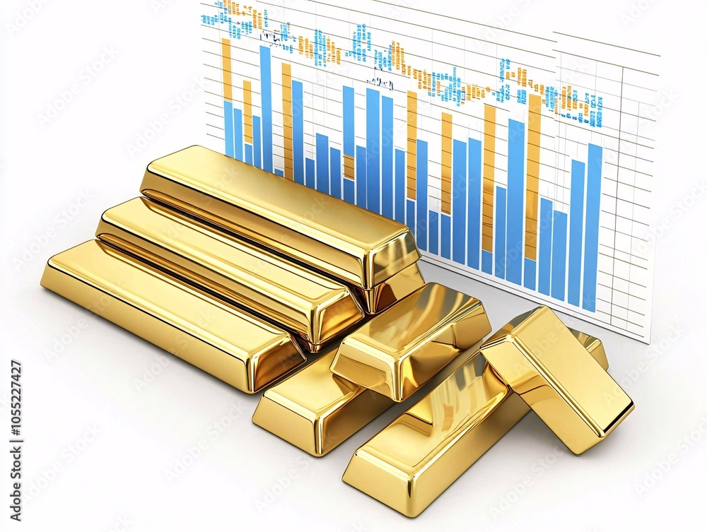 Poster gold bars stacked beside inflation charts and financial documents, representing the steady value of 