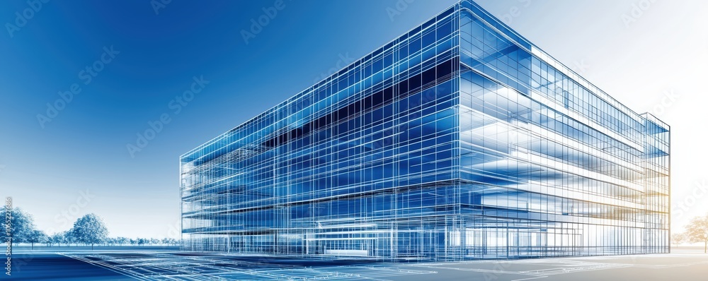 Poster simple, elegant wireframe of a building in progress, highlighting the foundations and open architect