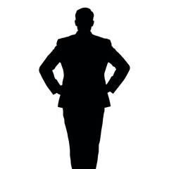 A businessman silhouette with hands on his hips, looking out as if surveying a business deal