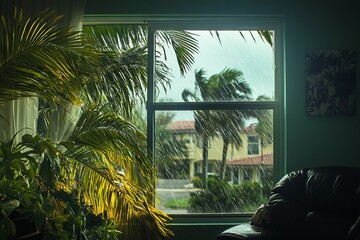 Inside of a home during a hurricane, palms in background being blown by the strong winds and rain, house is protected with the windows	
