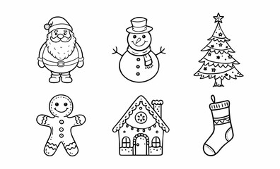 A set of Christmas themed black and white illustrations