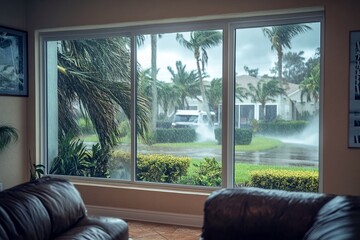 Inside of a home during a hurricane, palms in background being blown by the strong winds and rain, house is protected with the windows 