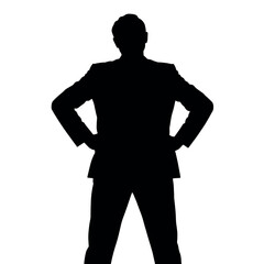 A businessman silhouette with hands on his hips, looking out as if surveying a business deal