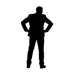 A businessman silhouette with hands on his hips, looking out as if surveying a business deal