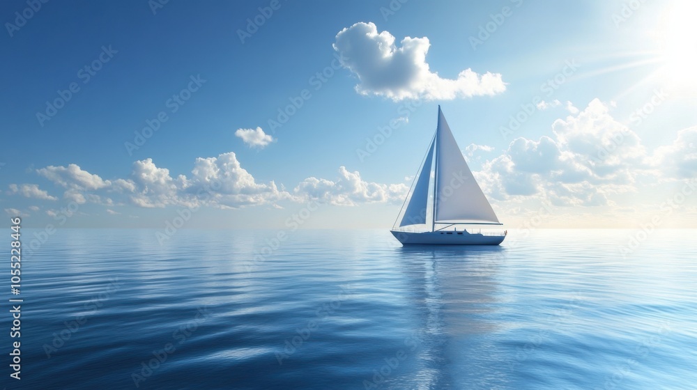 Wall mural a calm sea with a sailboat drifting leisurely, the sails catching