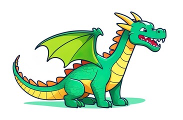 Obraz premium Illustration of a friendly green dragon with yellow belly scales, orange back spikes, and large wings, shown in a playful stance against a white background.