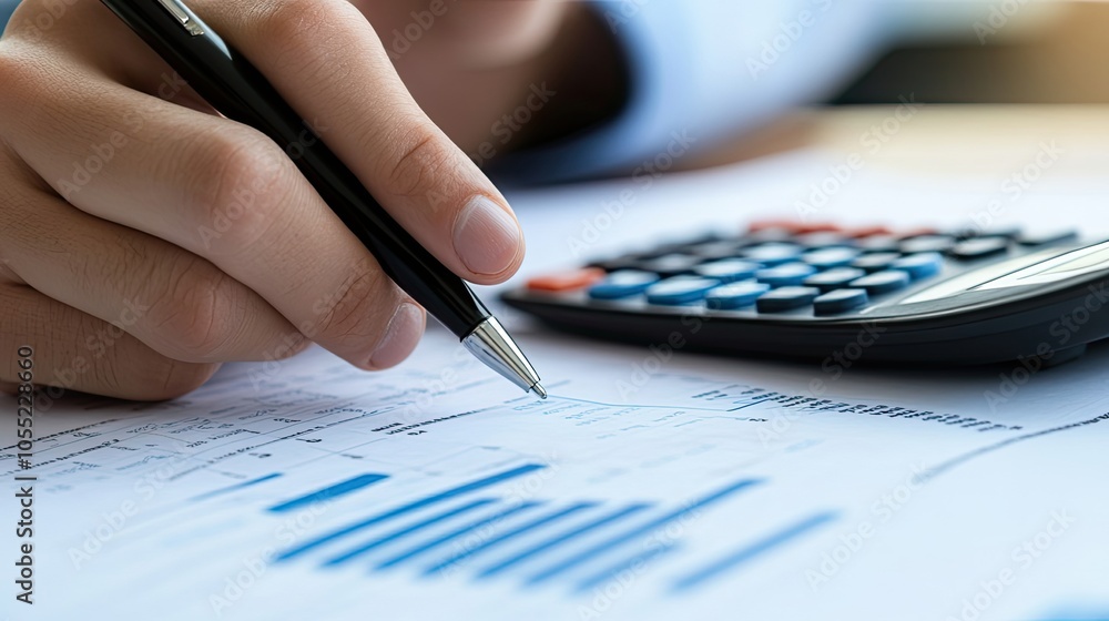 Poster close-up of a hand holding a pen pointing at financial data with a calculator in the background