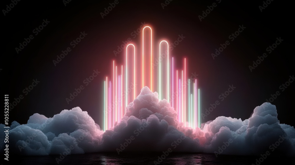 Poster soft clouds illuminated by rainbow light rays, creating a surreal, ethereal scene with a touch of fa