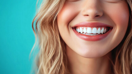 Obraz premium Close-up of a woman’s bright smile and white teeth, showcasing happiness, beauty, and dental health in a natural setting.