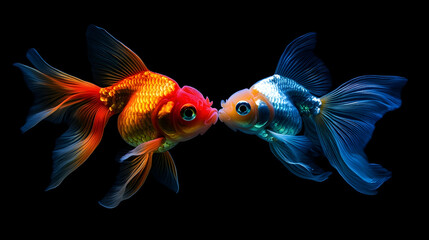 Colorful goldfish facing each other underwater, soft bokeh lighting, creating a serene aquatic scene   -
