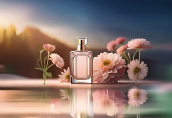 A perfume bottle sits on a white surface with pink flowers and a hazy mountain backdrop.