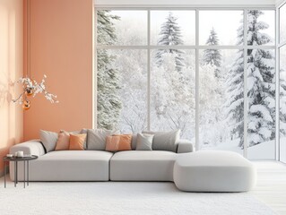 Minimalist winter living room with a peach accent wall, soft gray furniture, and natural light flowing in through large windows, creating a warm and inviting space