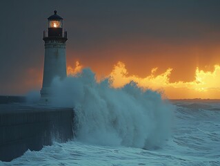 Obraz premium Lighthouse at Dusk, towering silhouette against crashing waves, evoking strength and resilience in a coastal storm scene.