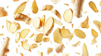 Falling ginger slices on a white background, created with Generative AI technology