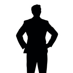 A businessman silhouette with hands on his hips, looking out as if surveying a business deal