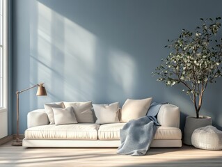 Minimalist winter living room with blue calm walls, soft lighting, and cozy textiles, offering a serene and tranquil winter atmosphere