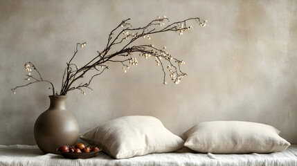 Cozy still life with neutral pillows, ceramic vase, and dried hawthorn branch, warm ambiance   -