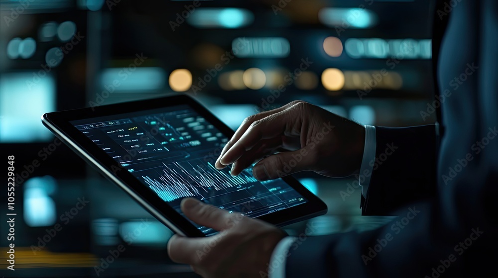Poster man in a suit analyzing data on a tablet device.