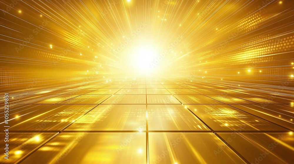 Poster abstract burst of bright golden light extending from a reflective tile floor, creating a radiant and