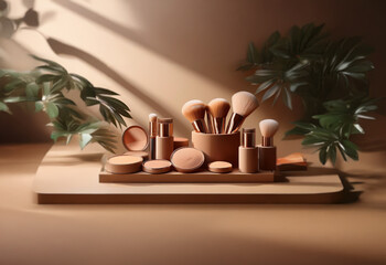 A set of makeup brushes and products displayed on a wooden surface with green foliage and natural light.