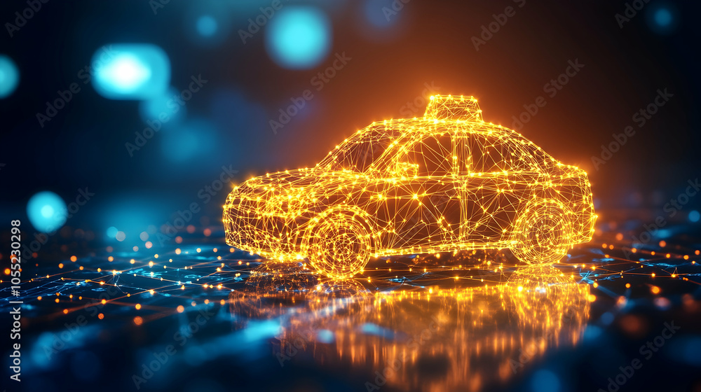 Poster digital taxi icon on technology background, ride-hailing symbol with connected dots and lines -