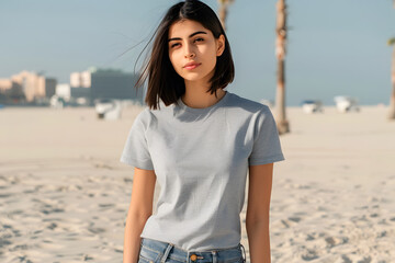 A young South Asian woman with straight black hair stands on a sunny beach, dressed casually in a light gray t-shirt and jeans.