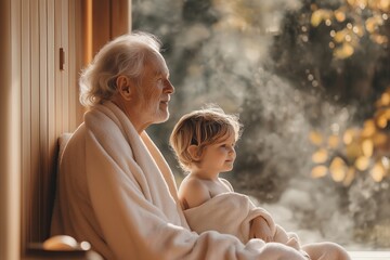 A serene moment of a grandfather and grandchild sitting together in a sauna, wrapped in towels and gazing peacefully out a window, capturing relaxation and family bonding