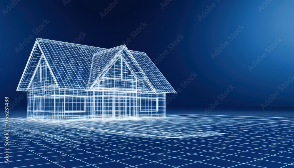 Poster transparent wireframe building design in 3d, capturing the intricacy of architectural sketching and 