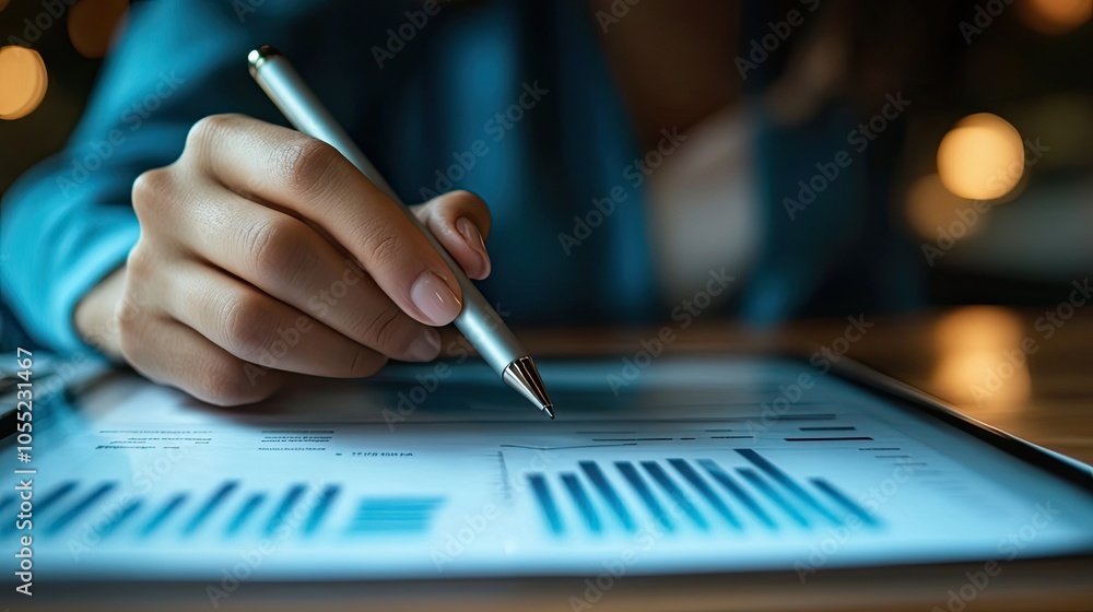 Poster closeup of a hand using a stylus on a tablet displaying a graph