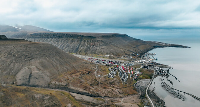 Aerial view of Longyearbyen in Svalbard showcasing unique landscape and settlement features