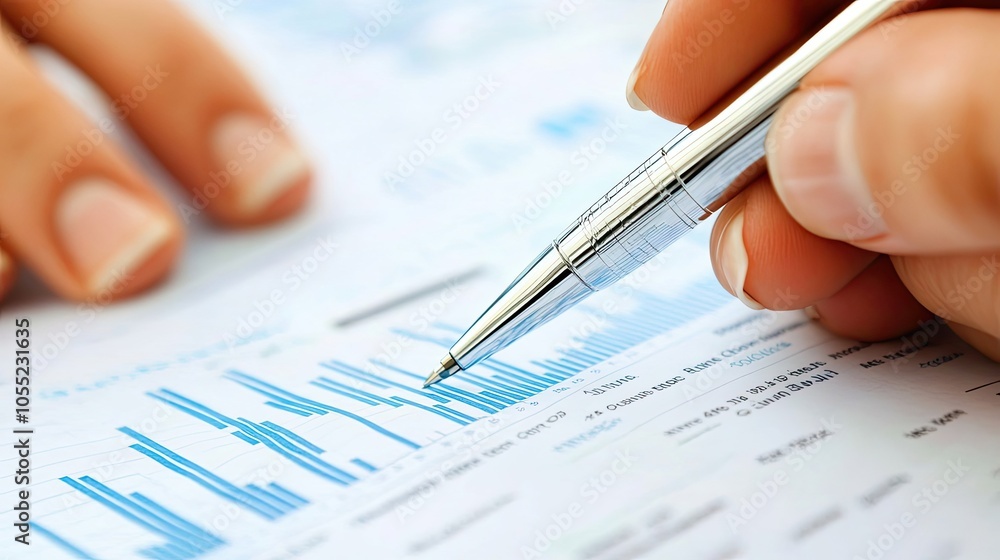 Poster closeup of a hand analyzing a bar graph with a pen