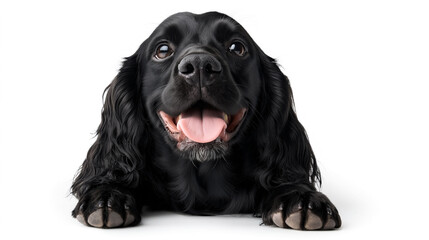 Obraz premium Close-up of an adorable black dog with floppy ears and a pink tongue, lying down against a white background, showing a playful and happy expression.