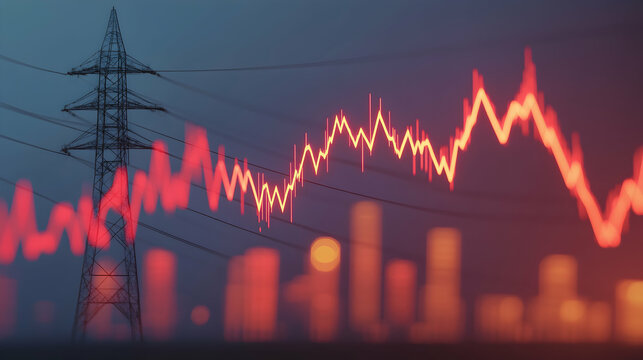 Electricity prices surge amid global energy crisis, with a transmission tower and sparkline chart   -