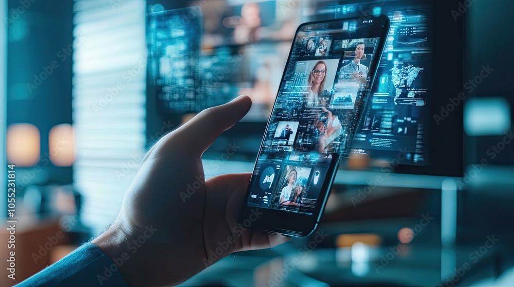 Poster hand holding smartphone displaying video call with multiple participants