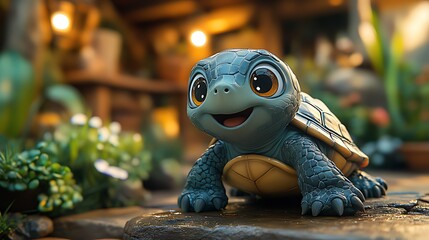 A small, blue and green turtle figurine with a smiling face sits on a rock.