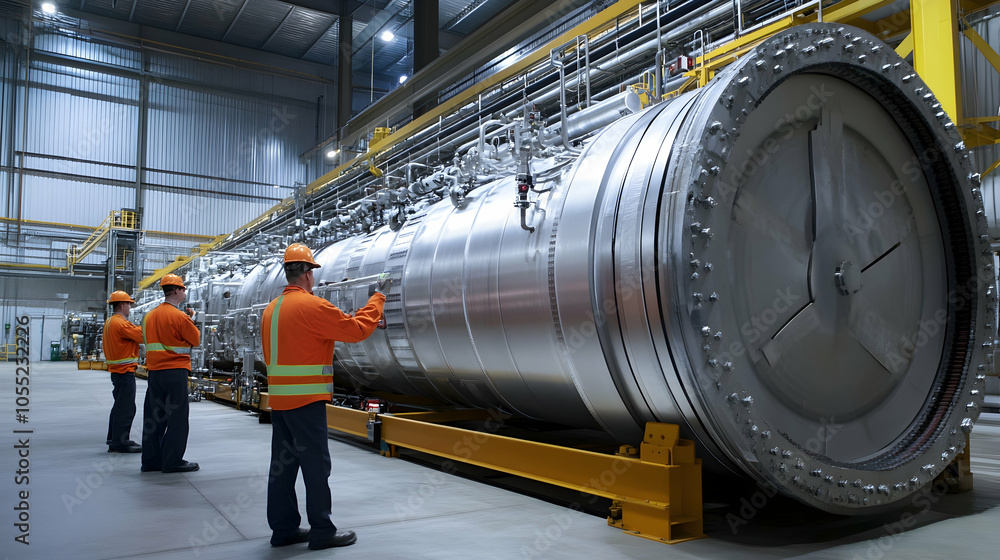 Poster engineers monitoring a large hydrogen generator in an industrial setting, ensuring efficient power g