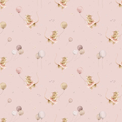 Seamless pattern with hand drawn watercolor illustration mouses ballerina in a pink tutu and balloons. Beige cute animals dancing ballet pose and flying confetti. Repeat wallpaper for Birthday design. © Ekatmart