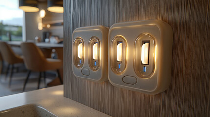 Stylish wall switches emit a soft glow in a modern kitchen, enhancing the cozy atmosphere