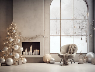 Luxurious silver and glitter palette Christmas living room interior with Christmas tree and decorations. Holiday living room interior inspiration. Festive decorations.