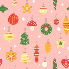 Pattern with Christmas tree toys. Vector hand-drawn seamless texture in flat style. Cute New Year background. Template for wrapping paper