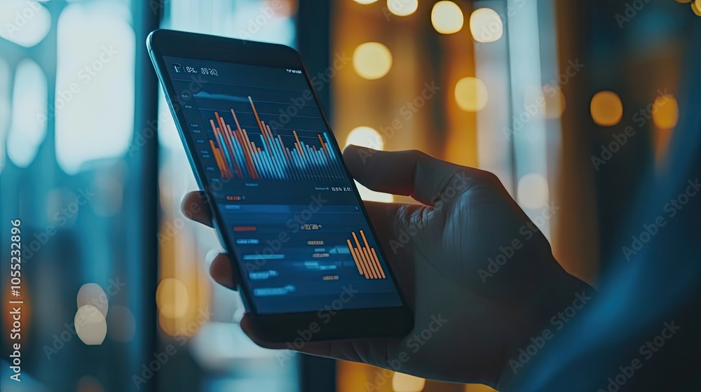Poster hand holding a smartphone displaying a graph of stock market data.