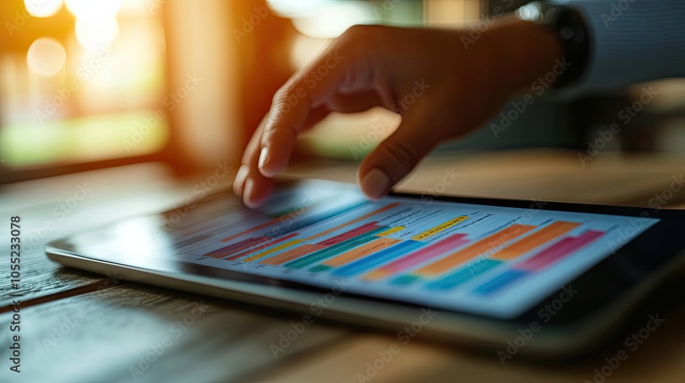 Poster close-up of a hand interacting with a tablet displaying charts and graphs